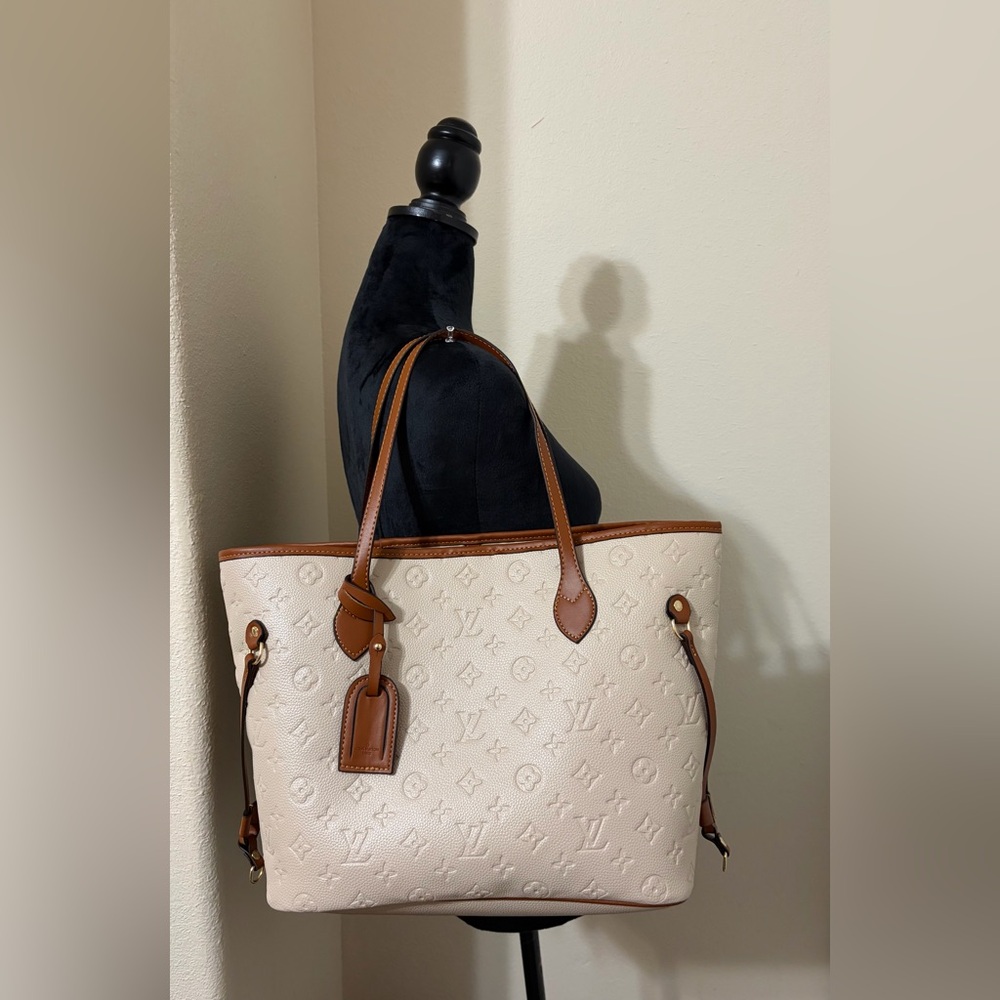Fashion Soft Leather Trendyol Neverfull Cream & Brown Leather Tote with Pouch - Picture 2 of 15